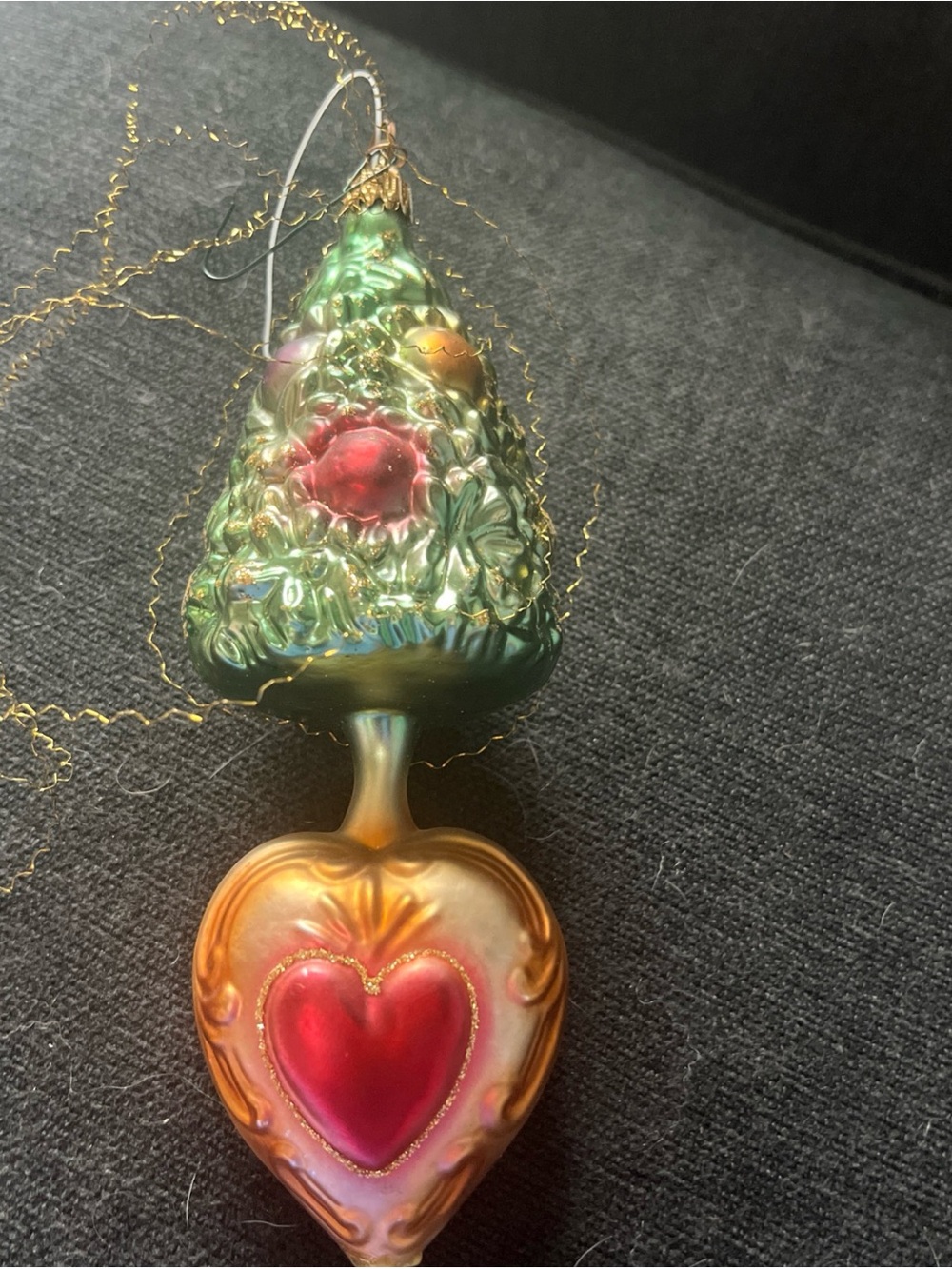 Holiday Mercury Glass Tree & Heart Ornament - Green and Gold made Germany